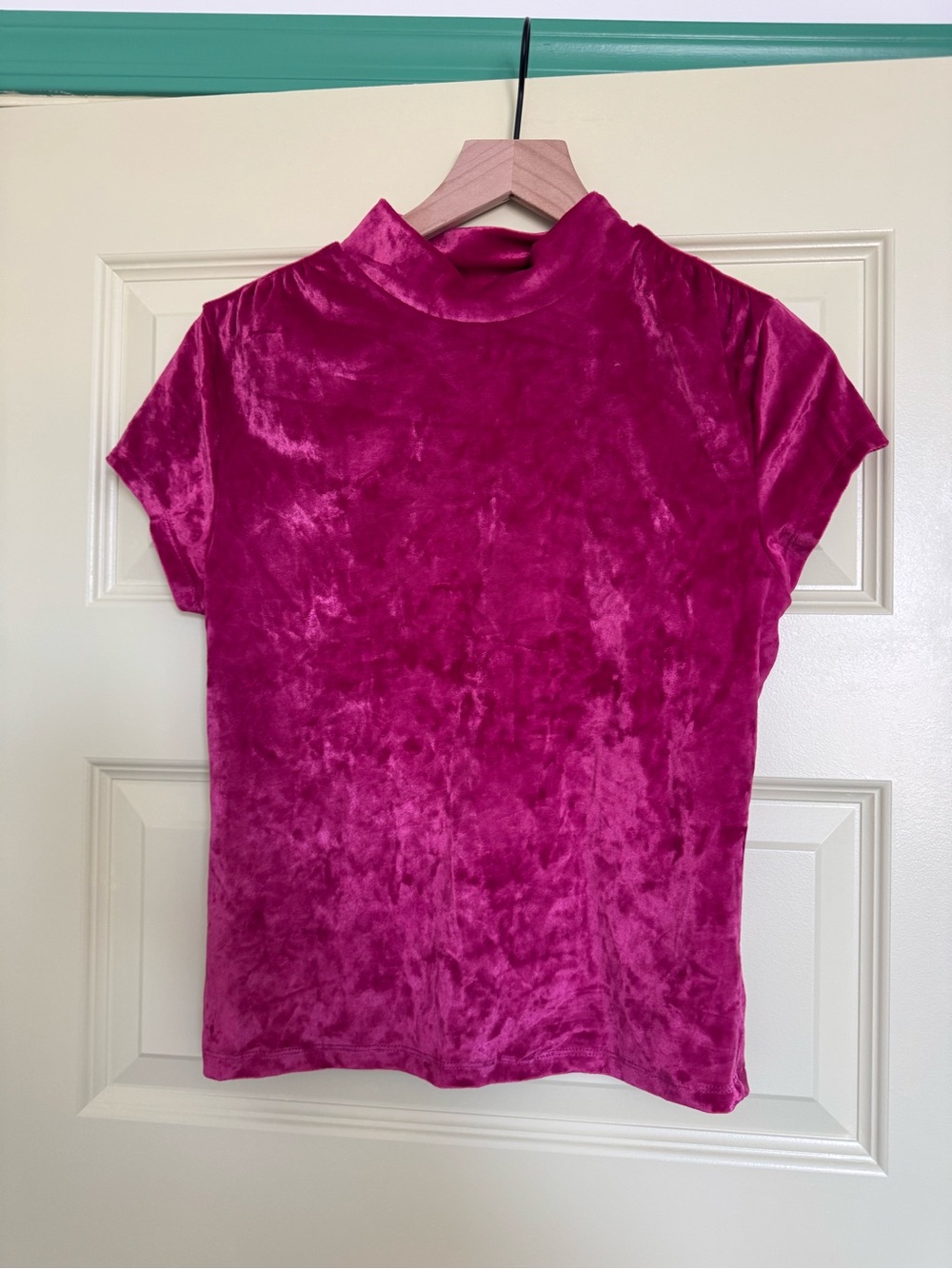 a new day Crushed Velvet Mock Neck Short Sleeve Top - Fuchsia
